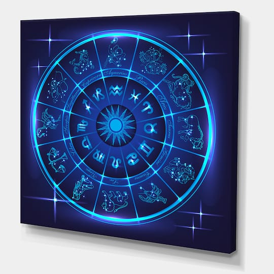 Designart - Neon Deep Blue Horoscope Circle With Zodiac Signs